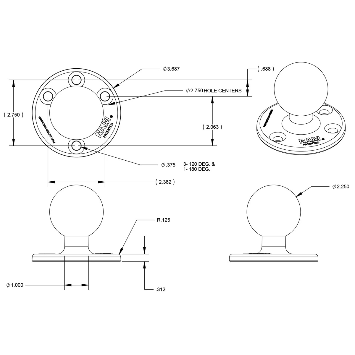 RAM-D-101U-MI1-2461 Double Ball Mount mit VESA-Platte 75x75, Kontermutter und Round Base 2