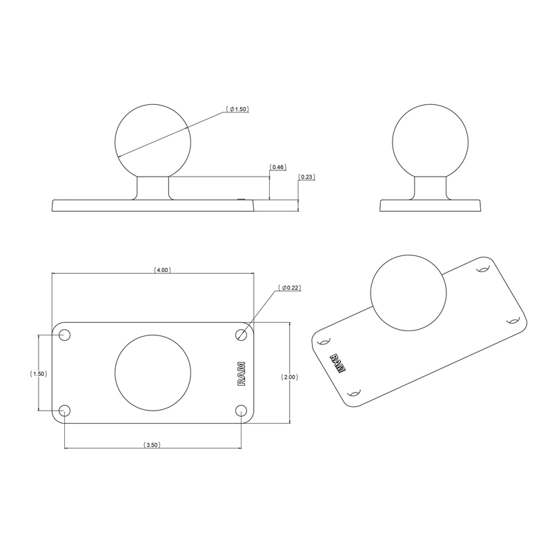 RAM-202U-24 Rectangular Base mit 1,5" x 3,5" Vierlochmuster 2