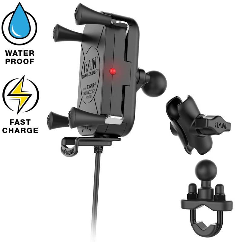 RAM-B-149Z-A-UN12W-V7M Induktive Motorrad Halterung für Smartphones, Bügelschelle 0,5-1,25" 3