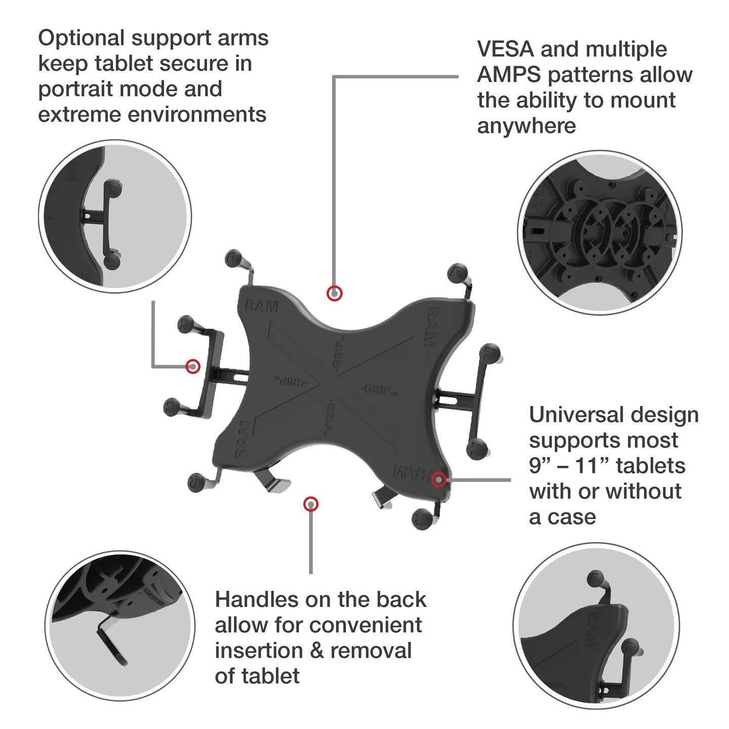 RAM-B-189-PIV1-UN11U Ram Mount X-Grip Set für 12-13 Zoll Tablets - Round Base, B-Arm, Doppelsaugnapf 6