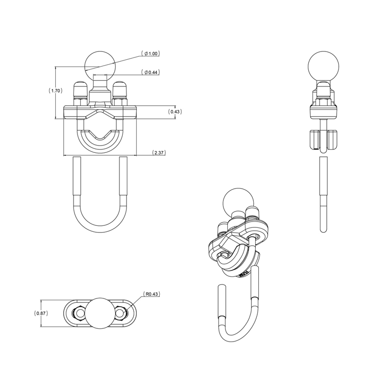 RAM-B-231ZU Bügelschellenbasis für 0.5-1.25" Rohre (verzinkt) 4