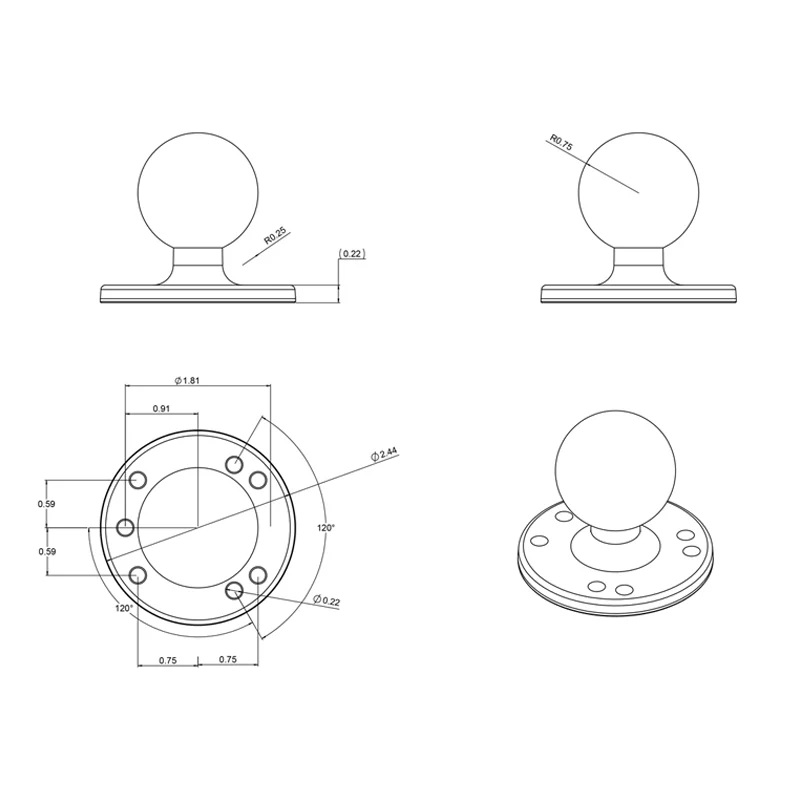 RAM-101U-D Ram Mount C-Arm-Basisset lang mit 2 mal Round Base aus Aluminium 5