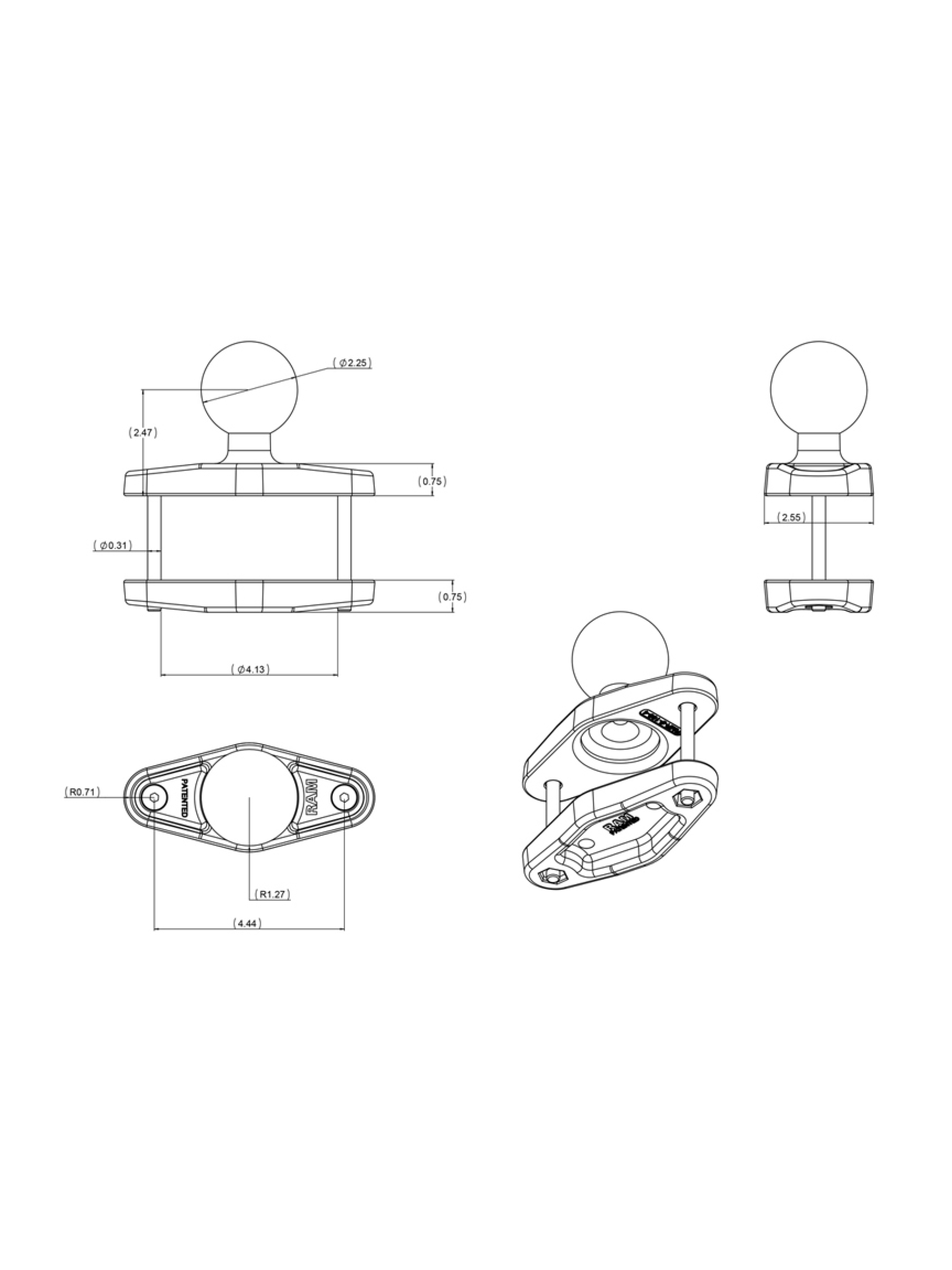 RAM-D-247U-4-IN1 Vierkantprofilklemme 4" stahlverstärkt 3
