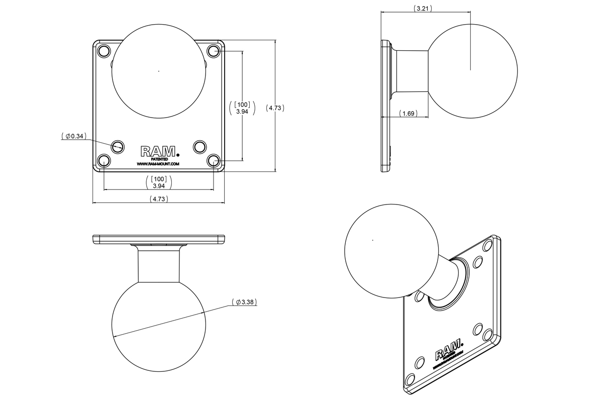 RAM-E-246U VESA Platte 100x100 (E-Kugel) 2