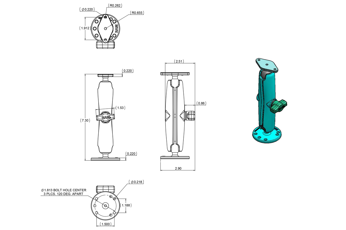 RAM-B-138U-C Ram Mount B-Arm-Basisset lang aus Aluminium mit Diamond Base u. Round Base 3