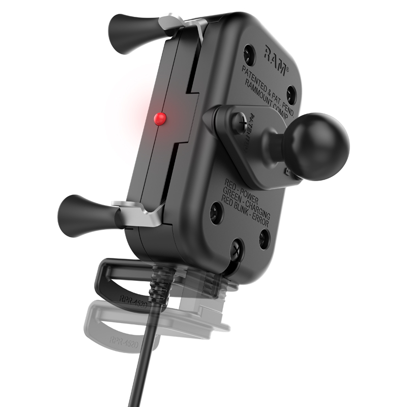 RAM-B-149Z-A-UN12W-V7M Induktive Motorrad Halterung für Smartphones, Bügelschelle 0,5-1,25" 4