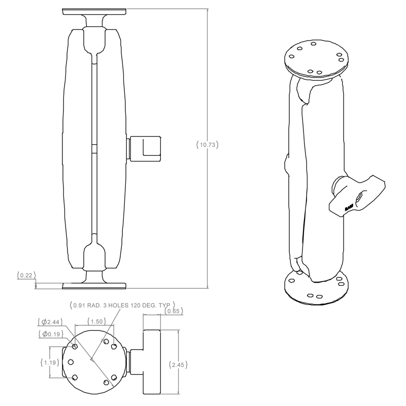 RAM-101U-D Ram Mount C-Arm lang aus Aluminium mit 2 mal Round Base 2