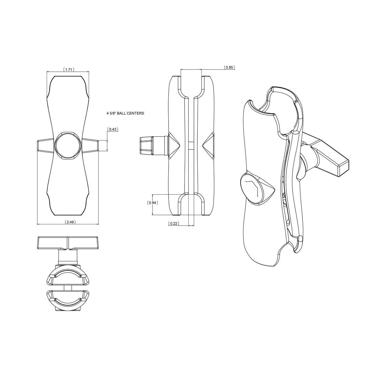 RAM-102U-2461 Doppel-Kugelhalterung mit 2 x VESA Platte 75x75 aus Aluminium, C-System 5