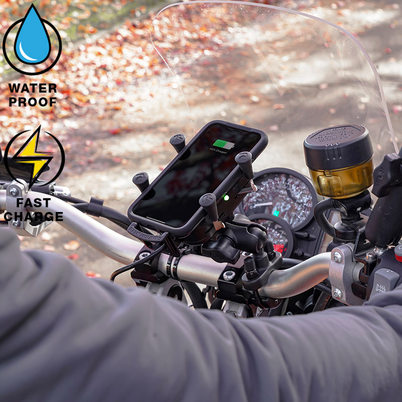 RAM-B-149Z-A-UN12W-V7M Induktive Motorrad Halterung für Smartphones, Bügelschelle 0,5-1,25" 5