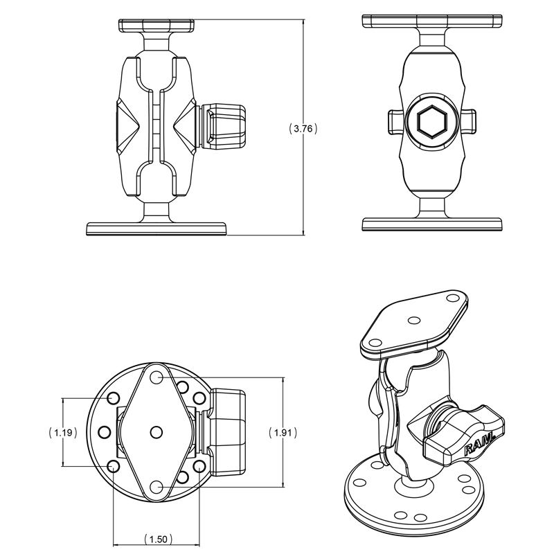 RAM-B-138U-A Double Ball Mount mit Diamond und Round Base (B-System) 3