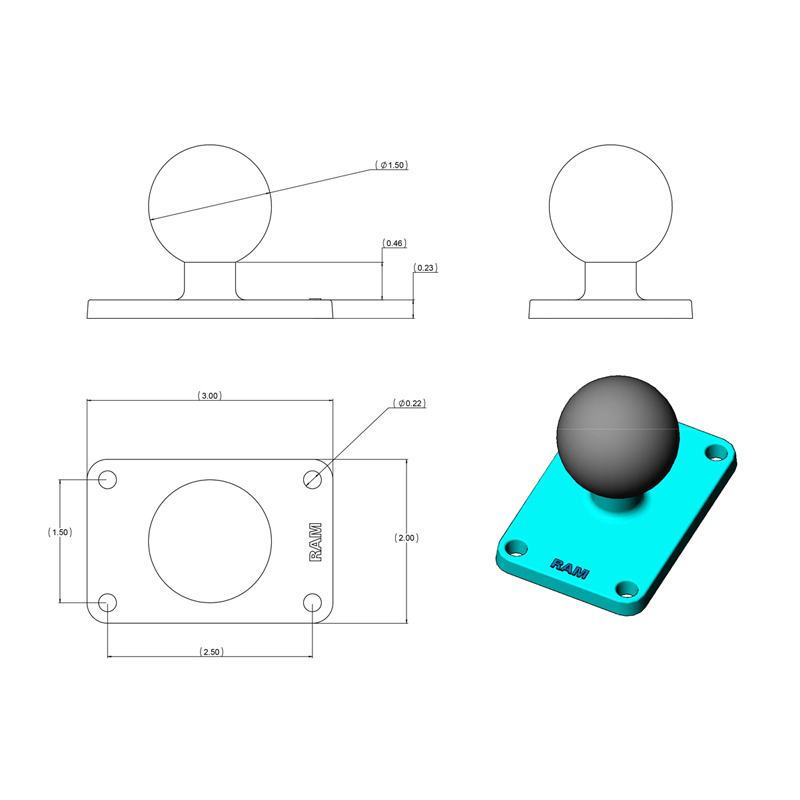 RAM-202U-23 Rectangular Base mit 1,5" x 2.5" Vierlochmuster und C-Kugel 2