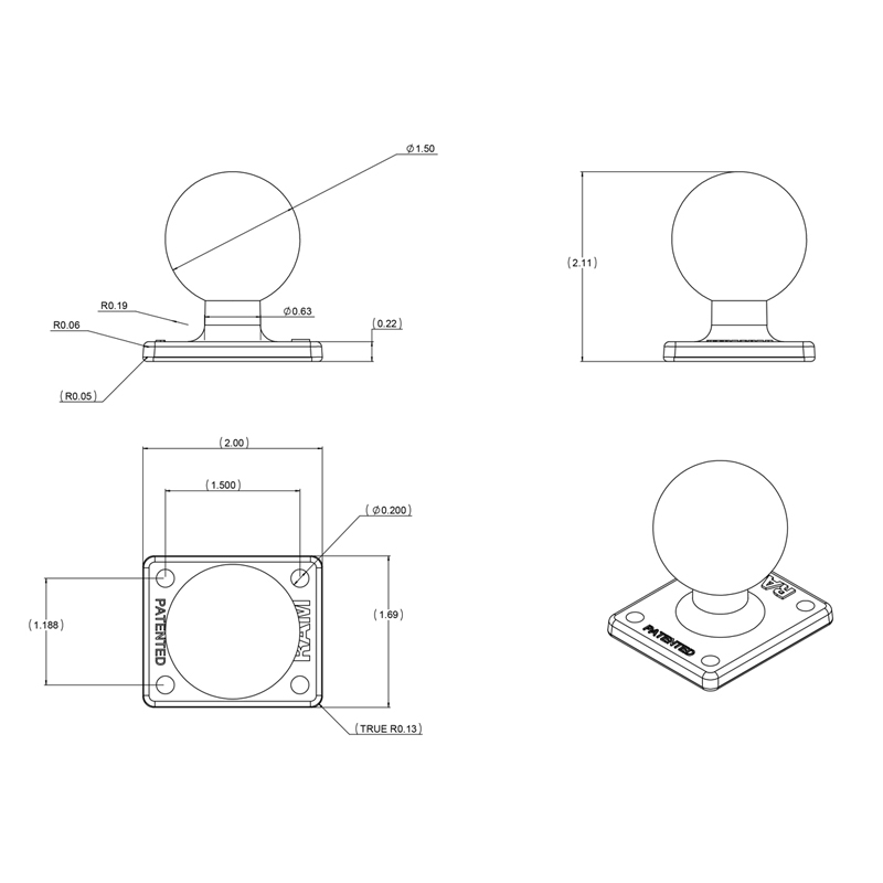 RAM-347U Ram Mount Square Base mit AMPS Lochmuster und C-Kugel 3