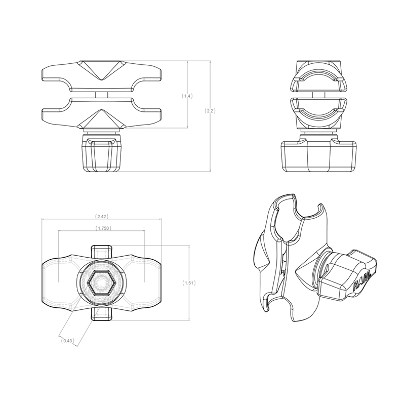 RAM-B-201U-A Socket Arm kurz, ohne Federspannung, B-System aus Aluminium 4