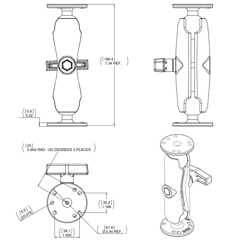 RAM-101U Ram Mount C-Arm mittellang aus Aluminium mit 2 mal Round Base 3
