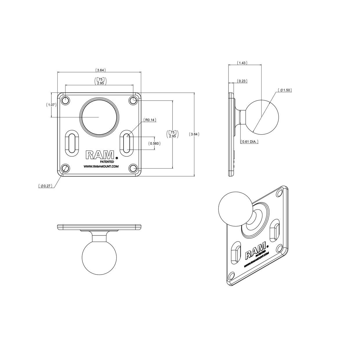 RAM-102U-2461 Doppel-Kugelhalterung mit 2 x VESA Platte 75x75 aus Aluminium, C-System 6