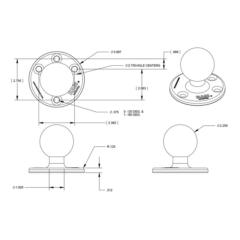 RAM-D-202U Ram Mount Round Base groß mit D-Kugel 2