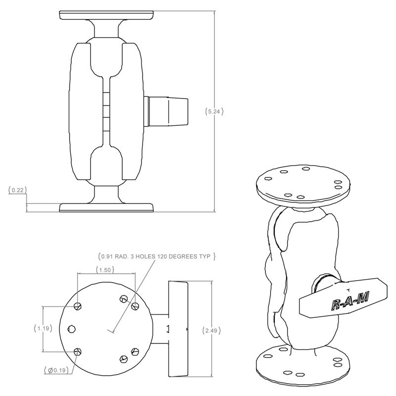 RAM-101U-B Doppel-Kugelhalterung kurz mit 2 x Round Base aus Aluminium 6