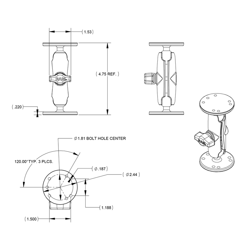 RAM-B-101U Doppel-Kugelhalterung mittellang mit 2 x Round Base aus Aluminium 3